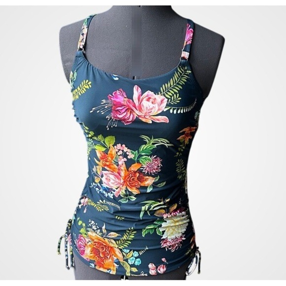 Jantzen Blue Floral Enchantment Swim Tankini Top‎ Women's 6 Tropical Side Ties